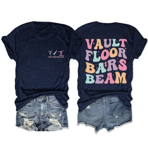Flat lay of navy crew neck gymnastic t-shirt with vault floor bars beam back print