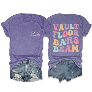 Detailed back view of purple gymnastic t-shirt featuring Vault Floor Bars Beam art text