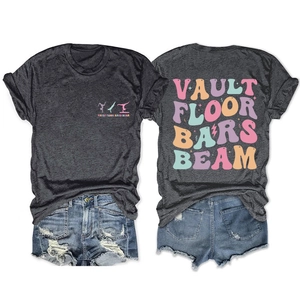 Dark grey crew neck T-shirt with Vault Floor Bars Beam colorful gymnastics design