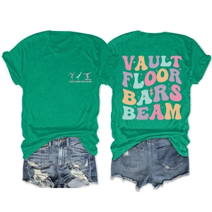 Front and back view of green t-shirt with vault floor bars beam text and denim shorts