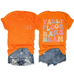 Front and back detail of bright orange gymnastics t-shirt with Vault Floor Bars Beam print