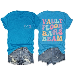 Detailed front and back view of blue heathered t-shirt with gymnastics theme print
