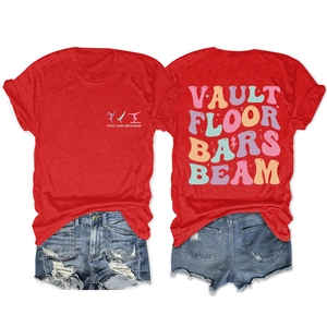 Detail of red crew neck cotton T-shirt featuring retro gymnast graphic and text print