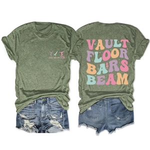 Detailed front and back view of olive green gymnastic T-shirt with artistic lettering