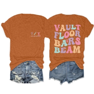 Detailed front and back view of rust crew neck tee with Vault Floor gymnastics text