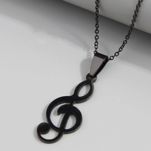 Minimalist black treble clef pendant necklace in stainless steel with black link chain