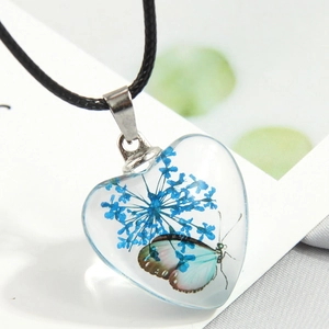 Heart Butterfly Flower Pendant Necklace Transparent Resin With Dried Flowers Alloy Individual Style Rope Cord