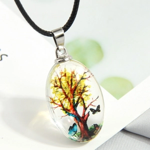 Fashionable oval resin necklace with colorful butterfly tree pendant on black cord