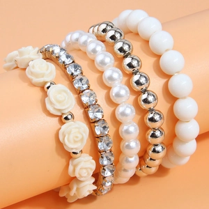 5pcs set of multilayer bracelets with pearls, roses and sparkling crystal beads