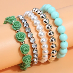 Layered Bracelets For Women With Alloy Rhinestone Faux Artificial Pearl Resin Rose Flower Acrylic Beads Bohemian Style Jewelry