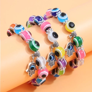Three-layer colorful evil eye beaded bracelet set with Hamsa hand charms for women
