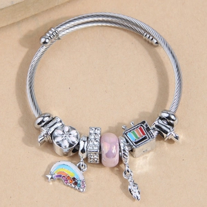 Silver cable bracelet featuring a colorful rainbow charm and mixed decorative beads