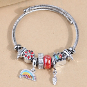 Fashion Alloy Steel Wire Cable Charm Bracelet Colorful Beads Enamel Butterfly Rainbow Pendants Personalized Women Jewelry