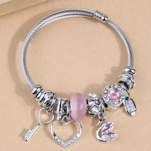 Bracelet Jonc À Charmes Alliage Émail Cœur Sac À Main Rouge À Lèvres Cygne Pendentif Bijoux Pour Femmes Cadeau