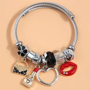 Bracelet jonc argenté avec charms cœur et sac à main, ornés de fleurs en émail noir