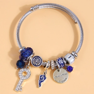 Bracelet Jonc En Fil D'Acier Inoxydable Avec Pendentifs En Alliage Clé En Strass Cristal Pour Femmes Bijoux Élégants