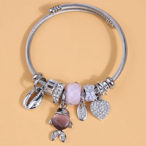 Pulsera De Dijes De Alambre De Acero Aleación Colgantes Corazón Pez Concha Estrás Perlas Esmalte Para Mujeres Joyería Elegante