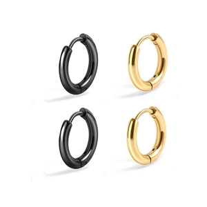 Boucles d'oreilles créoles minimalistes en acier inoxydable poli noir et or pour homme