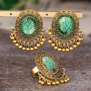 Vintage Boho Schmuck Ohrringe Und Ring Legierung Künstlicher Türkis Grüner Strass Quaste Ethnisch Damen Accessoires