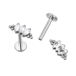 Titanium flat back labret stud with three marquise cut cubic zirconia stones