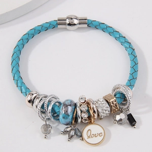 Bohemian Leather Cord Bracelet Women Alloy Love Charm Rhinestone Crystal Beads Magnetic Clasp Elegant Multilayer Jewelry