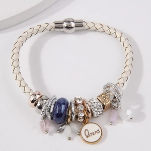 Elegant white braided leather bracelet with multi-element beads and Love pendant