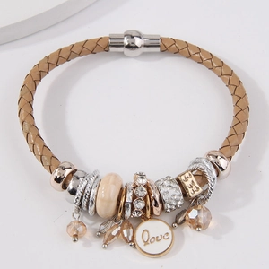 Chic multi-element braided leather bracelet featuring a Love charm and magnetic clasp