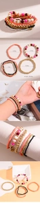 Detail view of colorful bohemian multilayer seed bead bracelets with size and weight info