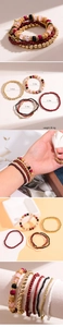 Detail view of colorful bohemian multilayer bead bracelets with size and weight specs