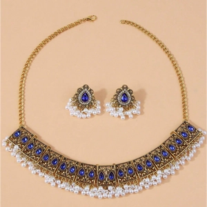 Parure collier et boucles d'oreilles paon vintage avec pierres bleues et perles