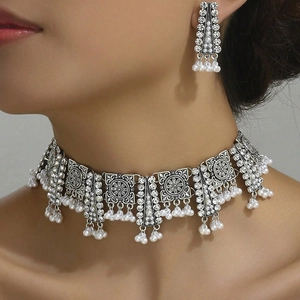 Parure Bijoux Collier Choker Et Boucles D'oreilles Ethnique Vintage Bohême Alliage Strass Künstliche Perle Gland Sculpté Femme
