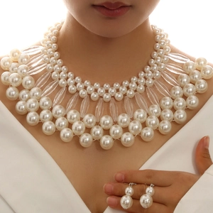 Elegant Multi Layer Woven Artificial Pearl Necklace And Earrings Jewelry Set Alloy Imitation Artificial Pearl Crystal Beads Ethnic Style Women