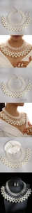 Detailed views of multi-layer faux pearl necklace set with dimensions and model display