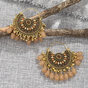Bohemian fan-shaped drop earrings with retro ethnic texture and teardrop beads