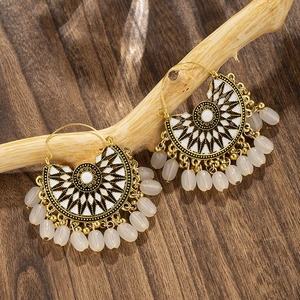 Bohemian Fan Shaped Dangle Earrings For Women Retro Ethnic Alloy Enamel Drop Earrings With Resin Beads Vintage Style