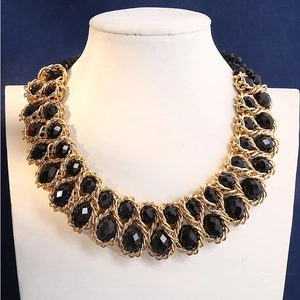Fashion woven gold wire and black beaded chunky double-layer statement necklace