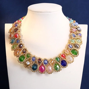 Braided Iron Alloy Statement Necklace Large Faceted Glass Beads Chunky Multi Layer Collar Fashion Jewelry For Women