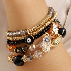 Bohemian Multi-Layer Beaded Bracelet Set For Women Alloy Hamsa Hand Evil Eye Rhinestone Charm Ethnic Jewelry Gift