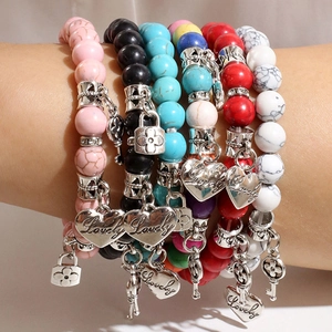 Bracelets Perles Bohèmes Pour Femmes Alliage Turquoise Cœur Serrure Clé Croix Œil De Mal Charmes Élastique Bijoux Ethniques
