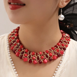 Handgemaakte Bohemian Geweven Statement Halsketting Voor Dames Legering Turkoois Glas Hars Kralen Meerlagig Vintage Feest Sieraden