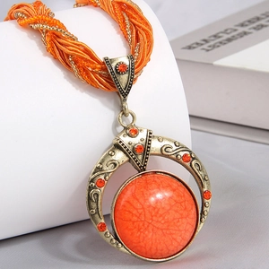 Vintage Bohemian Pendant Necklace Round Alloy Resin Crackle Stone Rhinestone Multi Strand Woven Rope Ethnic Style Women