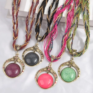 Bohemian style long necklaces with round stone pendants in purple black rose and green