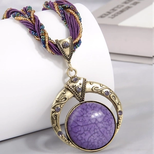 Bohemian purple stone round pendant necklace with vintage gold frame and beaded chain