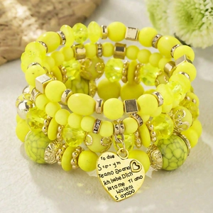 Bracelet multicouche ethnique en perles jaune vif avec pendentif cœur gravé Je t'aime