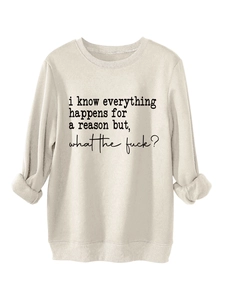Detail of crewneck sweatshirt with 'i know everything happens' slogan print in cream