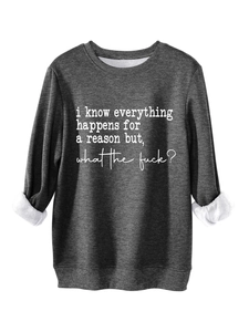 Close-up of dark grey sweatshirt with white slogan print and thick fleece lining