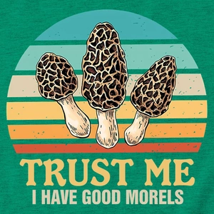 Detail of Trust Me I Have Good Morels print on dark green cotton knit t-shirt