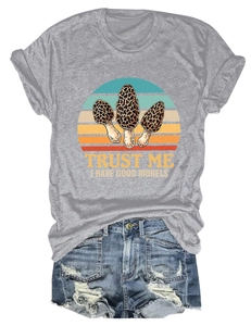 Close-up of Trust Me I Have Good Morels vintage graphic print on grey cotton t-shirt