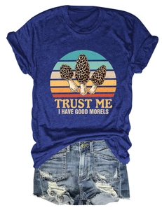 Detail of navy t-shirt with mushroom print and distressed denim shorts set