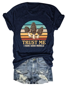 Close-up of morel mushroom graphic and TRUST ME I HAVE GOOD MORELS text on a navy t-shirt